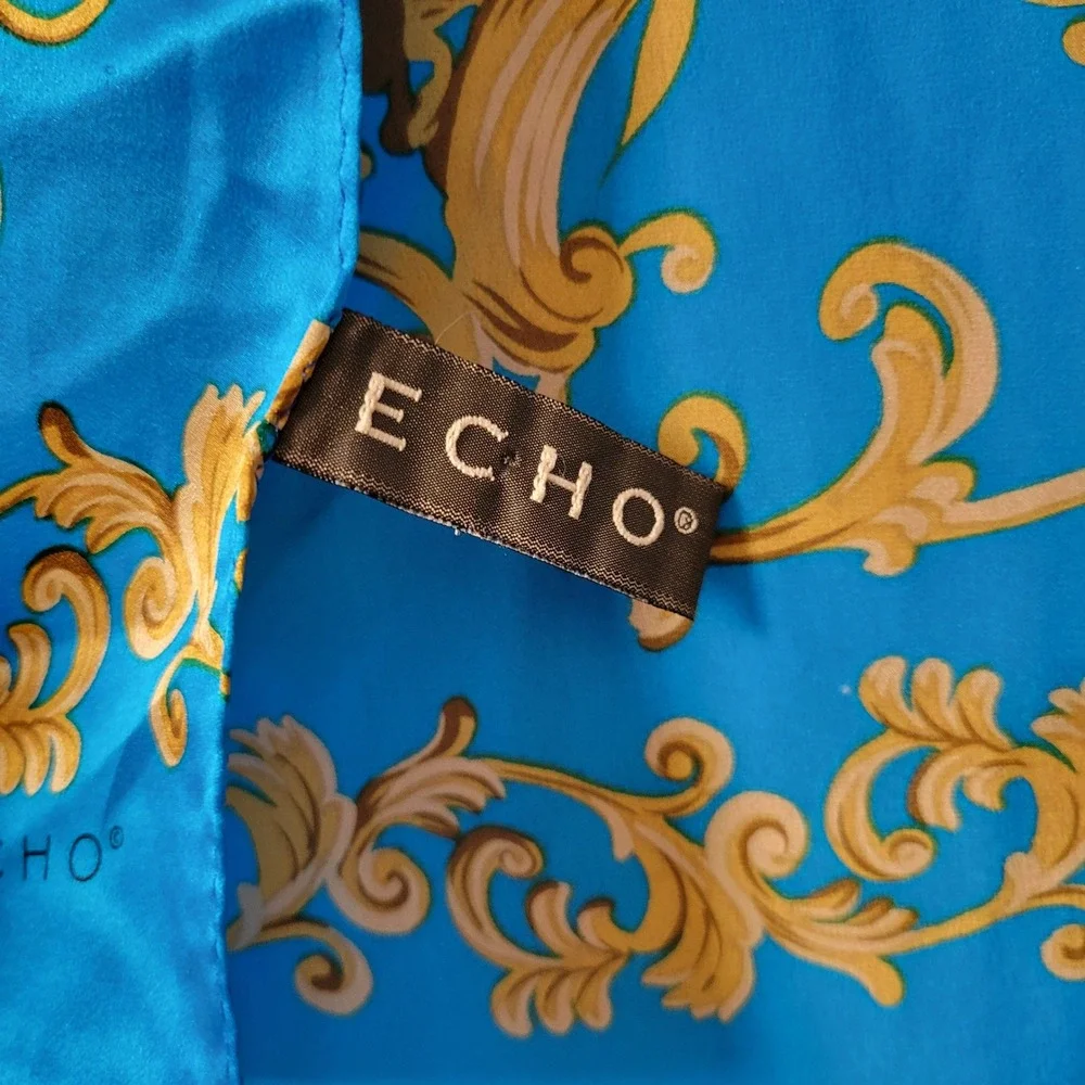 Vtg 90s Echo Silk Scarf Blue Gold Baroque Cherub Print Oblong 11X58 Maximalist